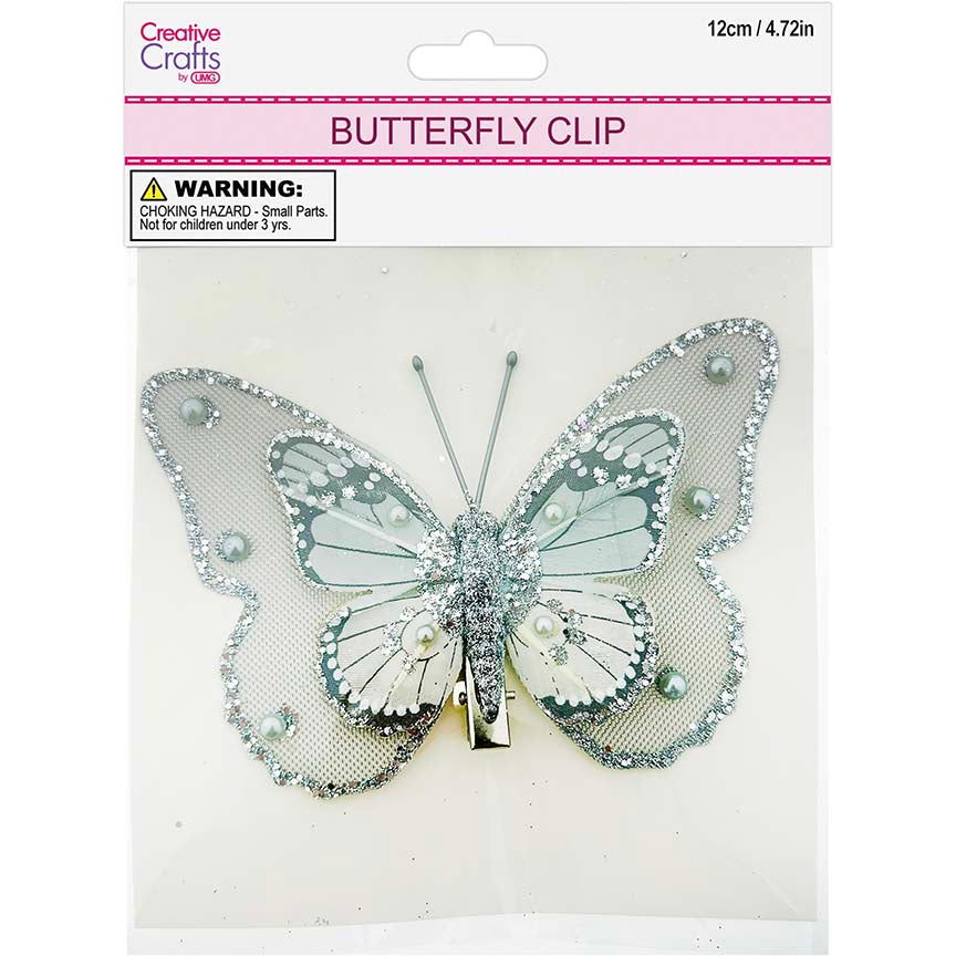 BUTTERFLY CLIP EMB SILVER 12CM 1PC