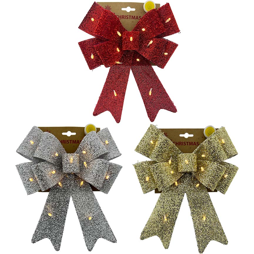 BOW TINSEL 3ASTD 22x30CM LIGHT UP