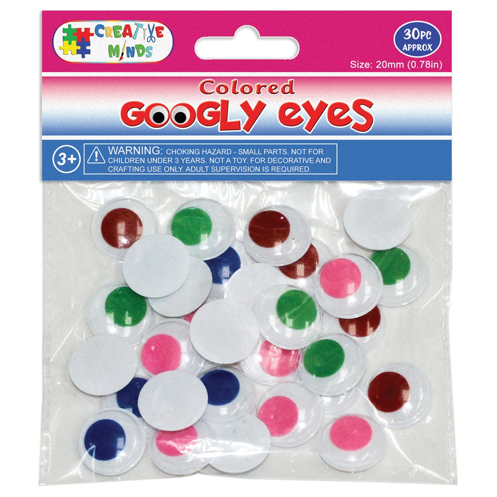GOOGLY EYES; ROUND 20MM 30CT ASSTD. COLOR