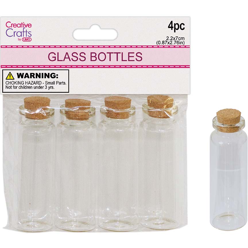 GLASS BOTTLE 2.2x7CM MINI CONTAINER W/ CORK LID 4PK