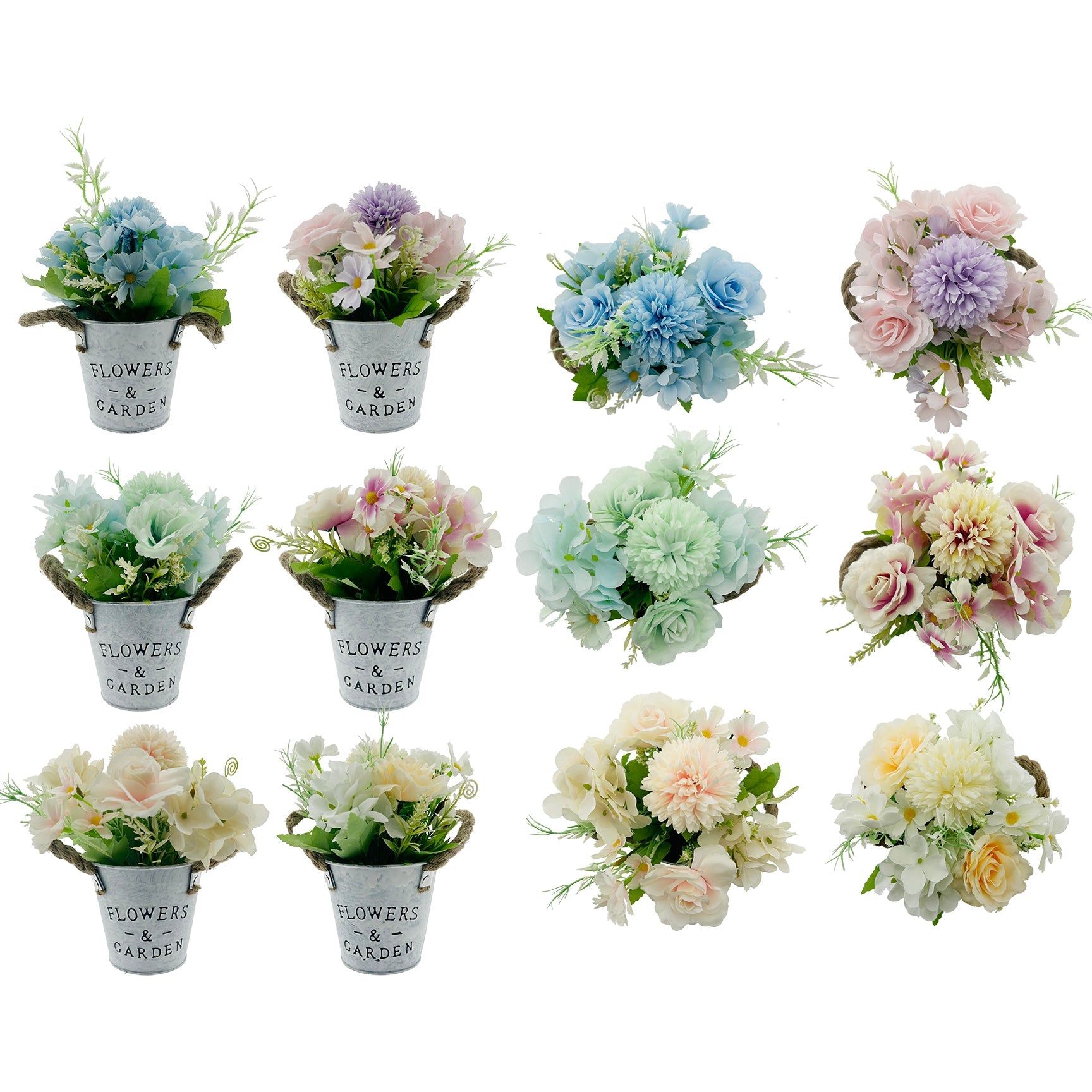 POT DAHLIA ROSE BOUQ IN BUCKET 6 ASTD