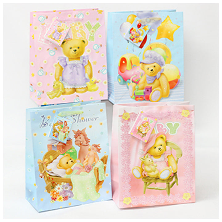 GIFT BAG BABY GLITTER BEAR LG 4 ASSTD