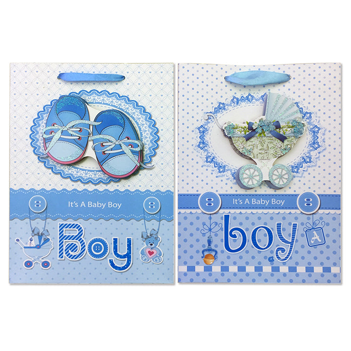 GIFT BAG BABY BOY SHOES/STROLLER; 3D GLITTER 2ASSTD SM