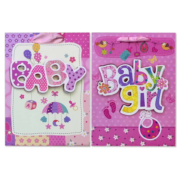 GIFT BAG BABY GIRL; 3D GLITTER 2ASSTD SM 6143S