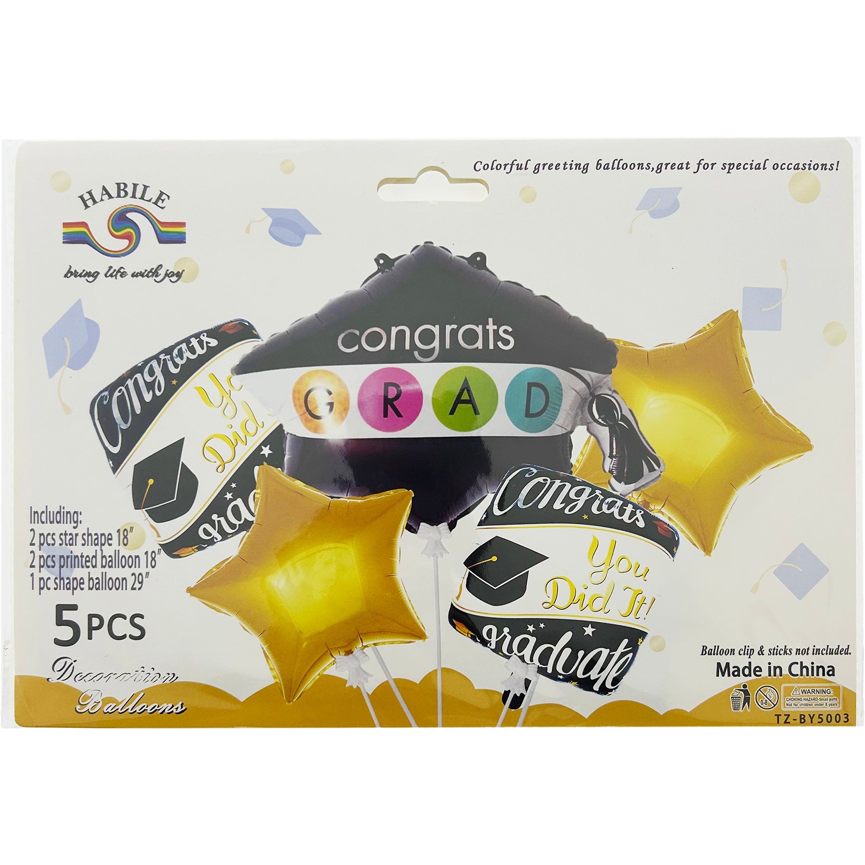 GRADUATION BALLOONS 5PK 3ASTD 29IN