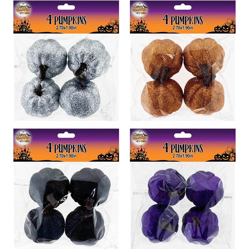 PUMPKIN GLITTER DECOR 4PC 6.8x4.8CM 4ASTD