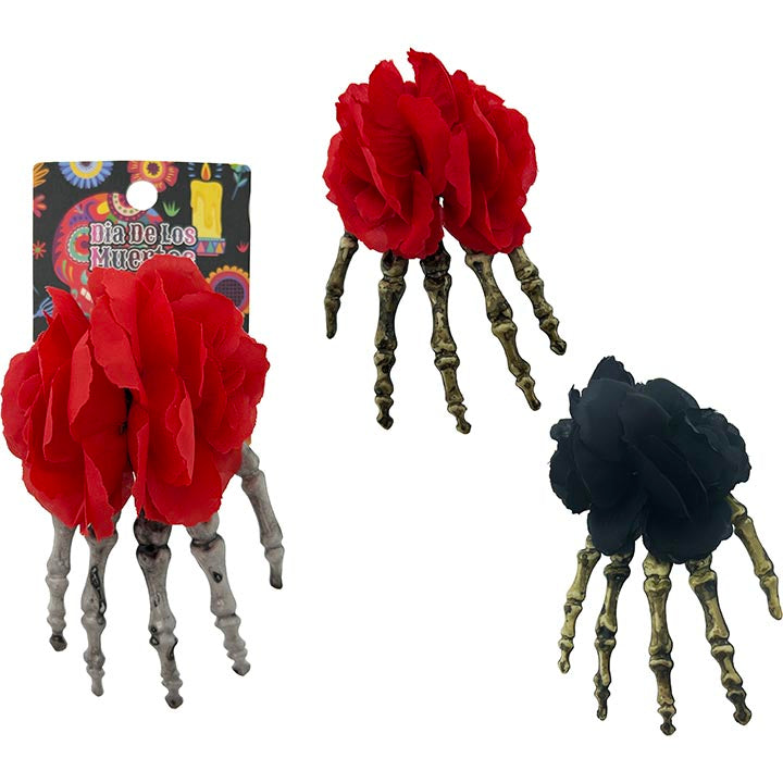 HAIR CLIP SKULL HAND W/FL 2ASTD 9x13CM