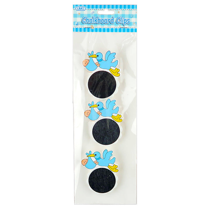 BABY STORK CHALKBOARD CLIPS 3PC BLUE