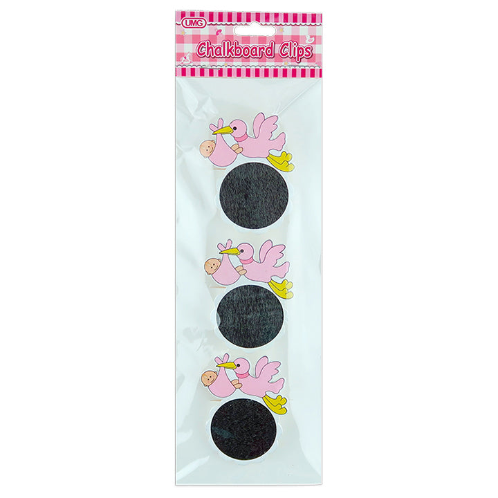 BABY STORK CHALKBOARD CLIPS 3PC PINK