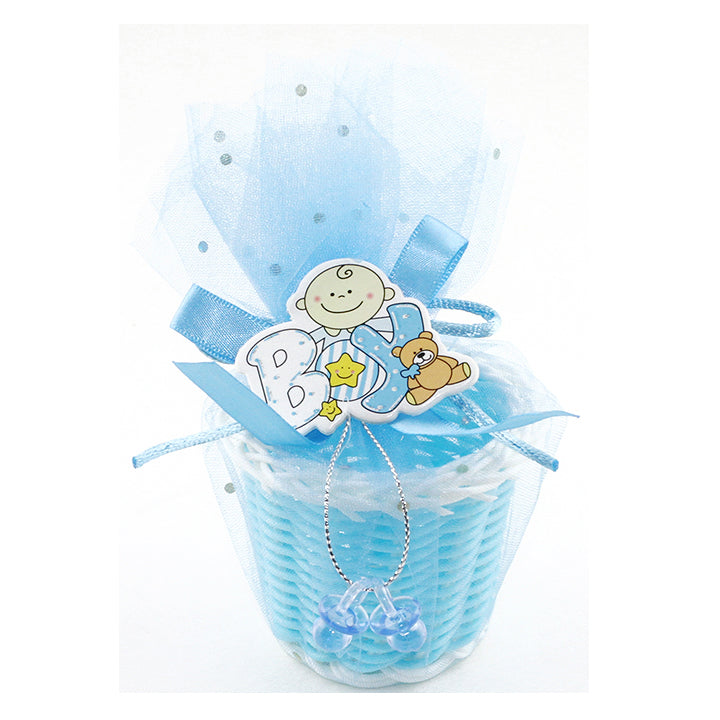 BABY FAVOR BASKET BAG W/ WRITING "BOY"; BLUE