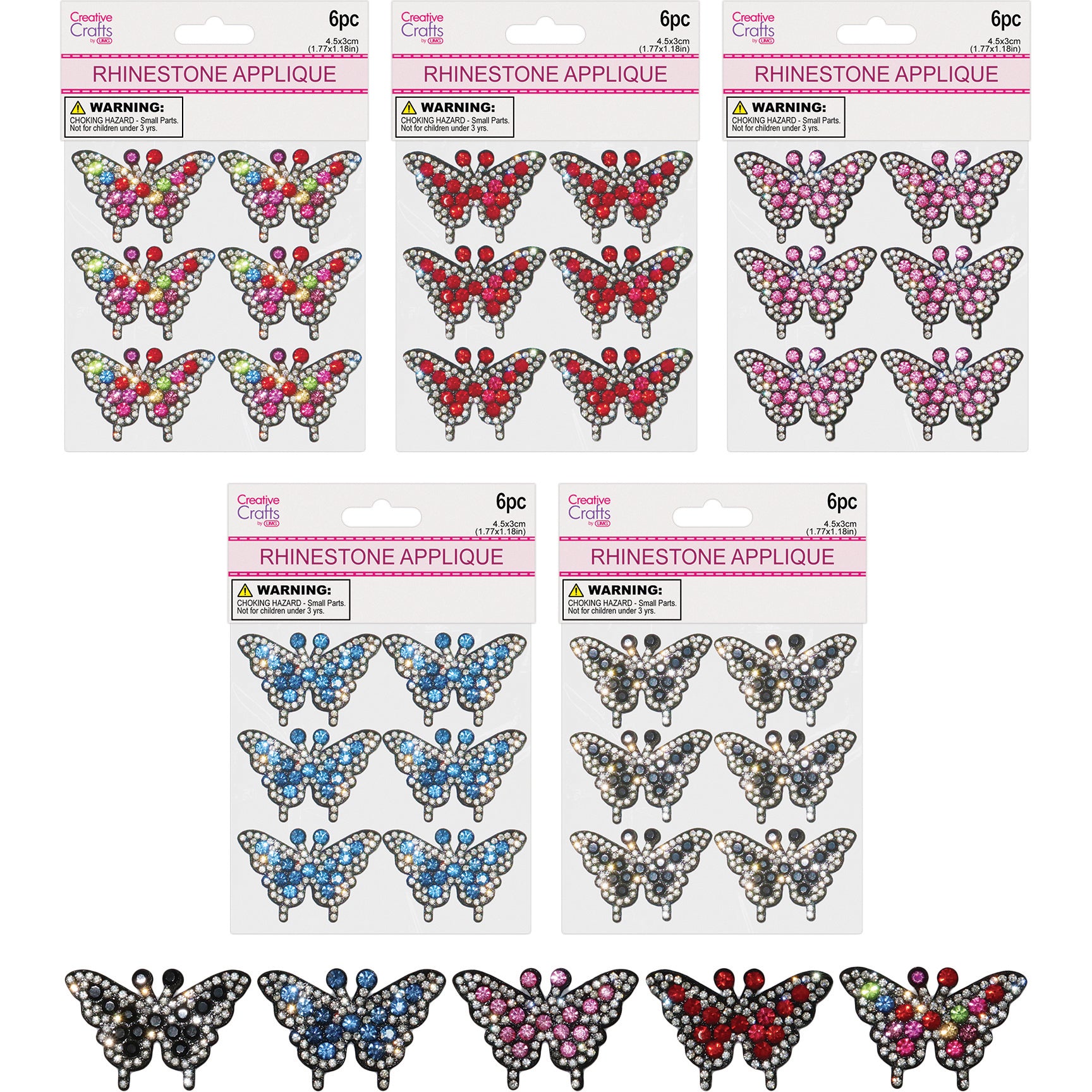 APPLIQUE GEMSTONE BUTTERFLY 6PC ASSTD