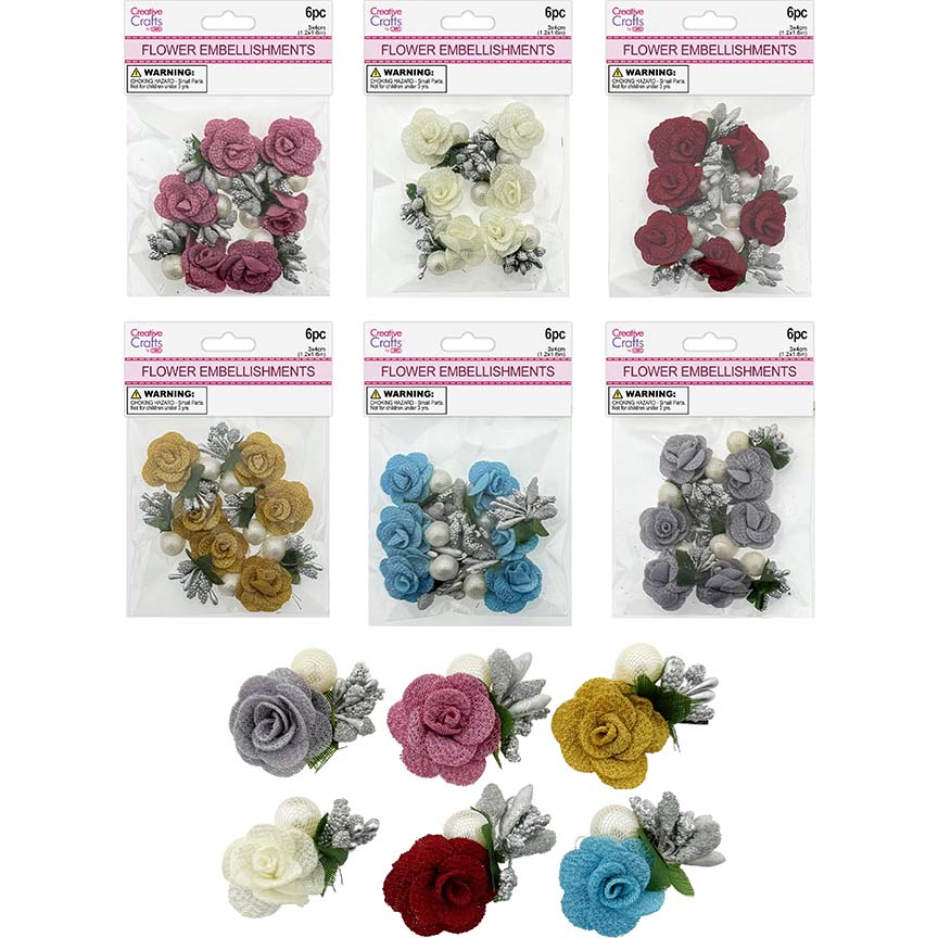 ROSE EMBELLISHMENT 6PC 6COL ASTD