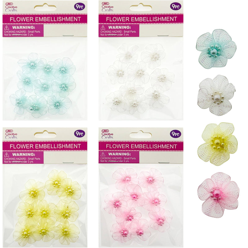 FLOWER EMBELLISHMENT 9PC 4COL ASTD