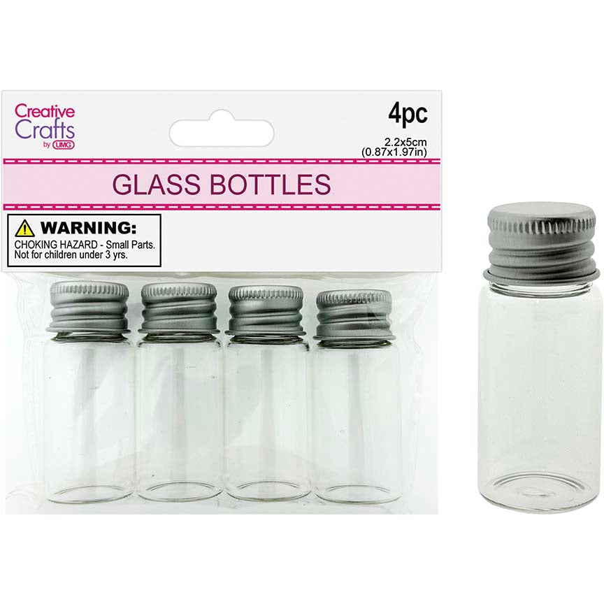 GLASS BOTTLE 2.2x5CM 4PC W/ SILVER CAP