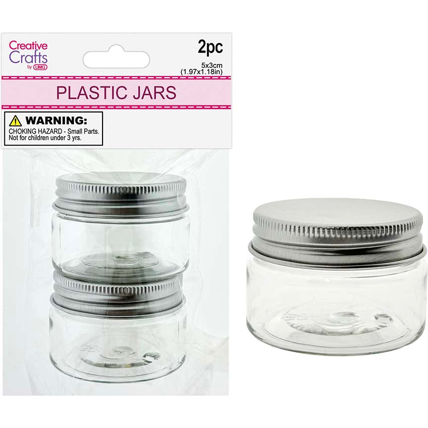 CRAFT STORAGE 5X3CM 2PK PLASTIC JAR W/ SILVER LID