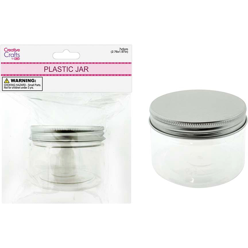 CRAFT STORAGE 7X5CM PLASTIC JAR W/ SILVER LID