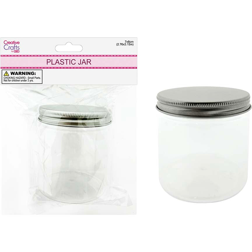 CRAFT STORAGE 7X8CM PLASTIC JAR W/ SILVER LID