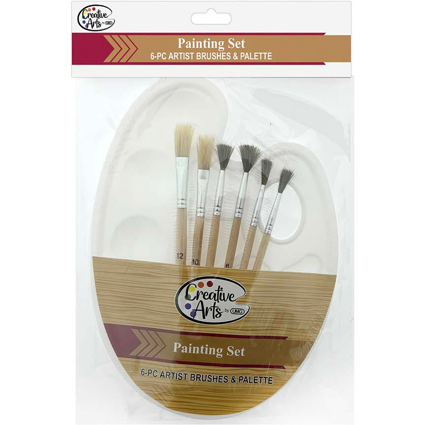 BRUSH SET W/ PLASTIC PALETTE & WOOD STICKS 7 PCS ASSTD