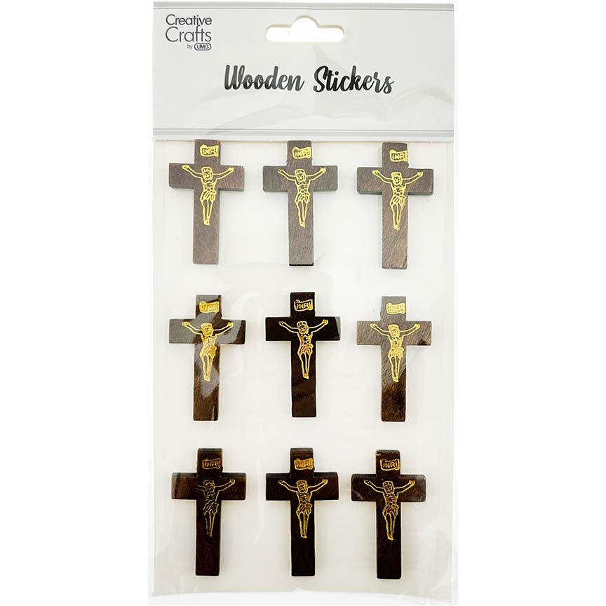 WOOD STICKER CROSS 9PC 3.5CM