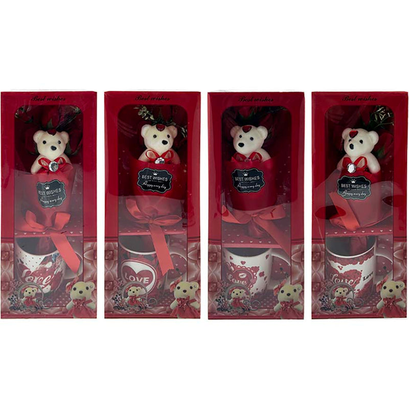 GIFT MUG SET IN A  BOX W/ FLOWER & BEAR   4ASSORTED 14in (35.56cm)