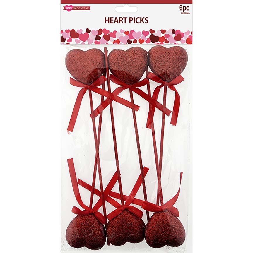 HEART PICK GLITTER 6PC SET W/ BOW 23CM