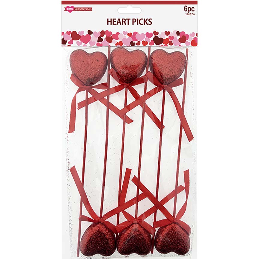 HEART PICK GLITTER 6PC SET W/ BOW 22CM