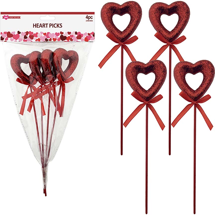 HEART PICK GLITTER 4PC SET 25CM