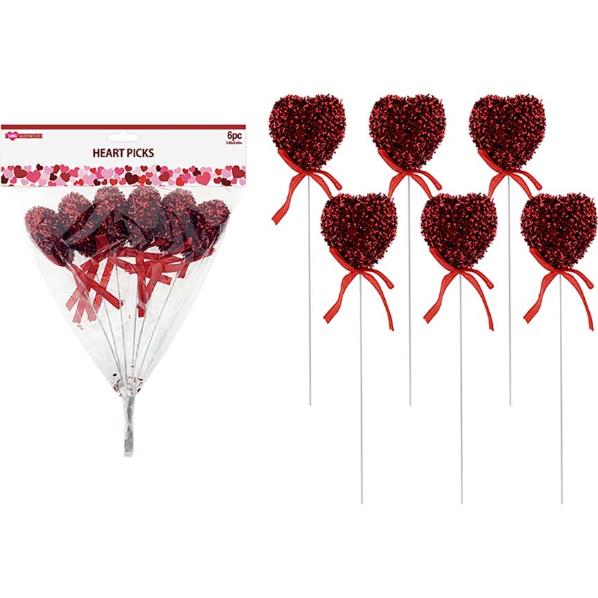 HEART PICK GLITTER 6PC SET W/ BOW 22CM