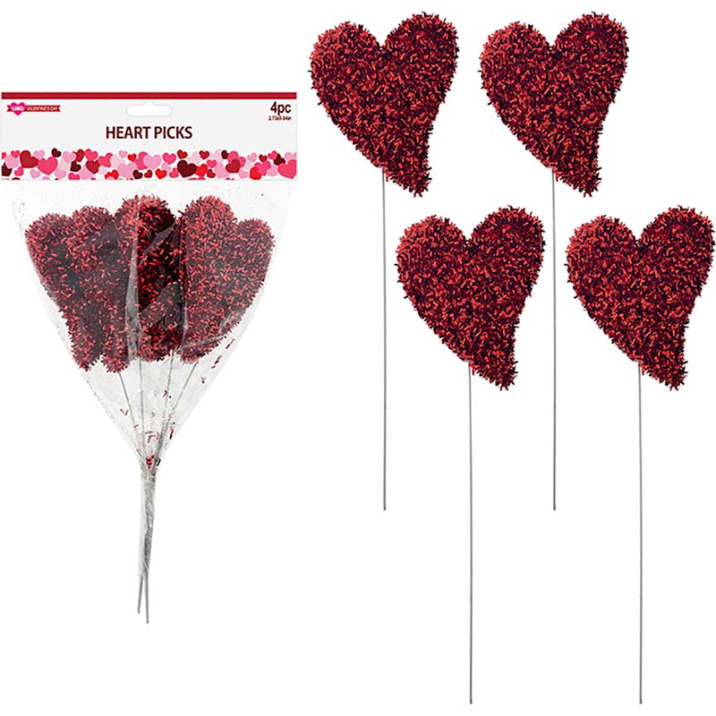 HEART PICK GLITTER 4PC SET W/ BOW 25CM