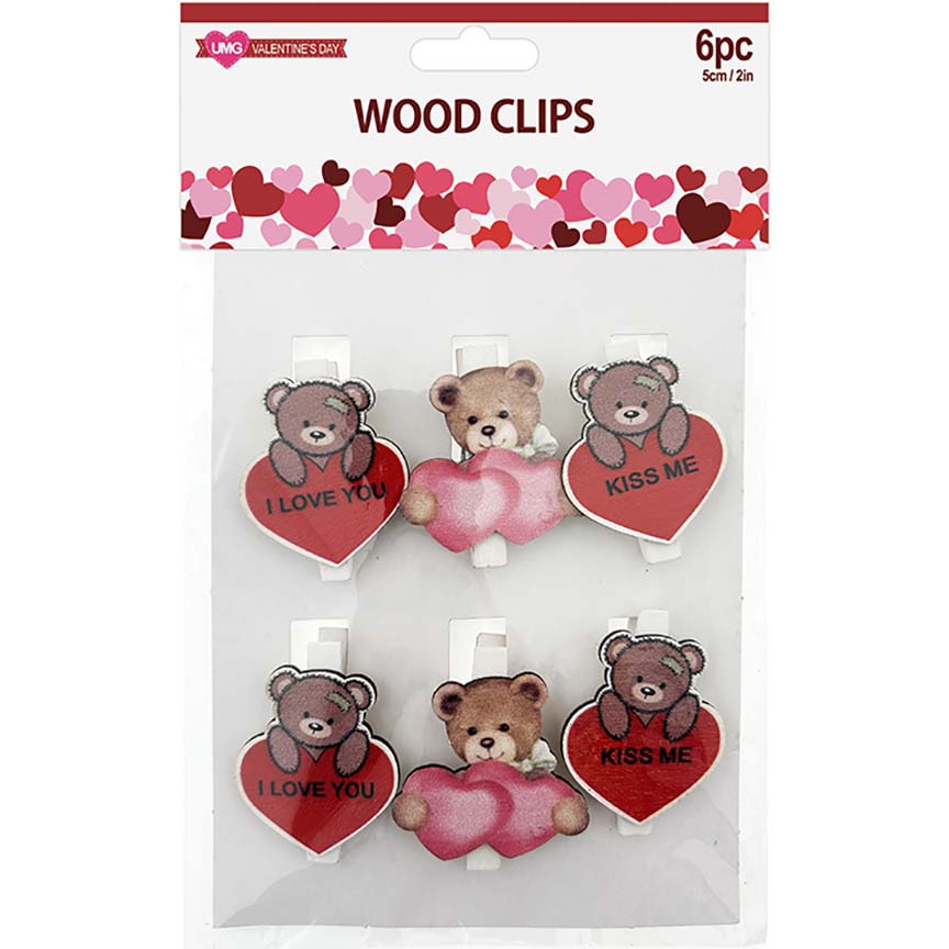 TEDDY BEAR WOOD CLIPS 6PC