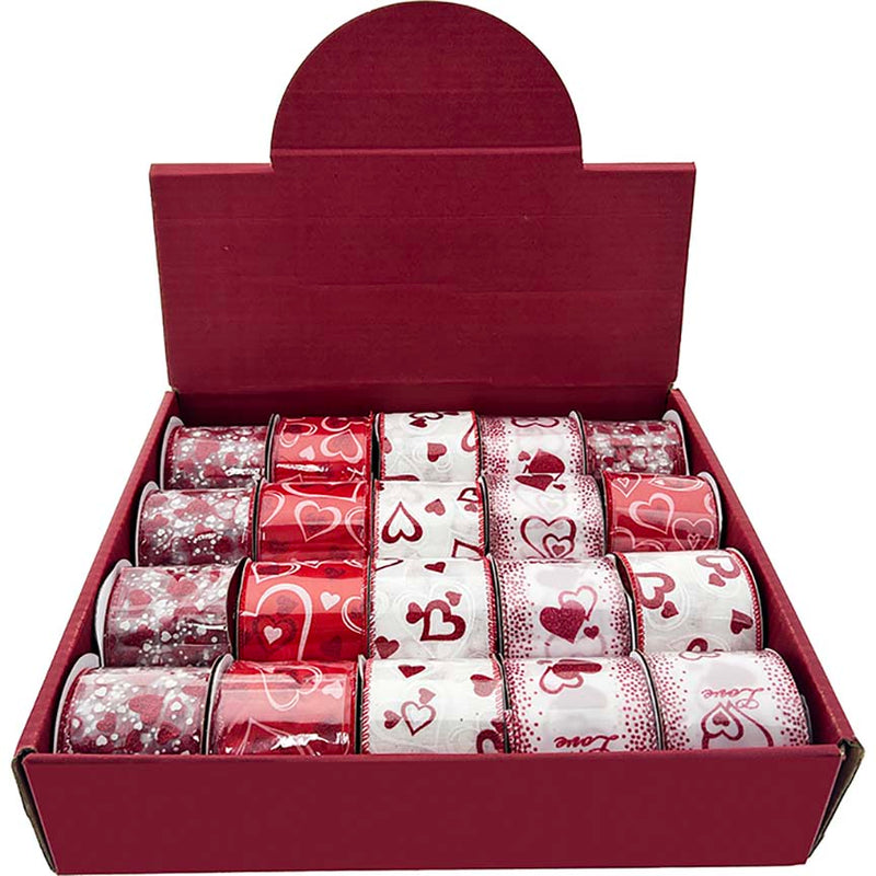 VALENTINE WIRED RIBBONS SATIN 2.5" 20PC DISPLAY