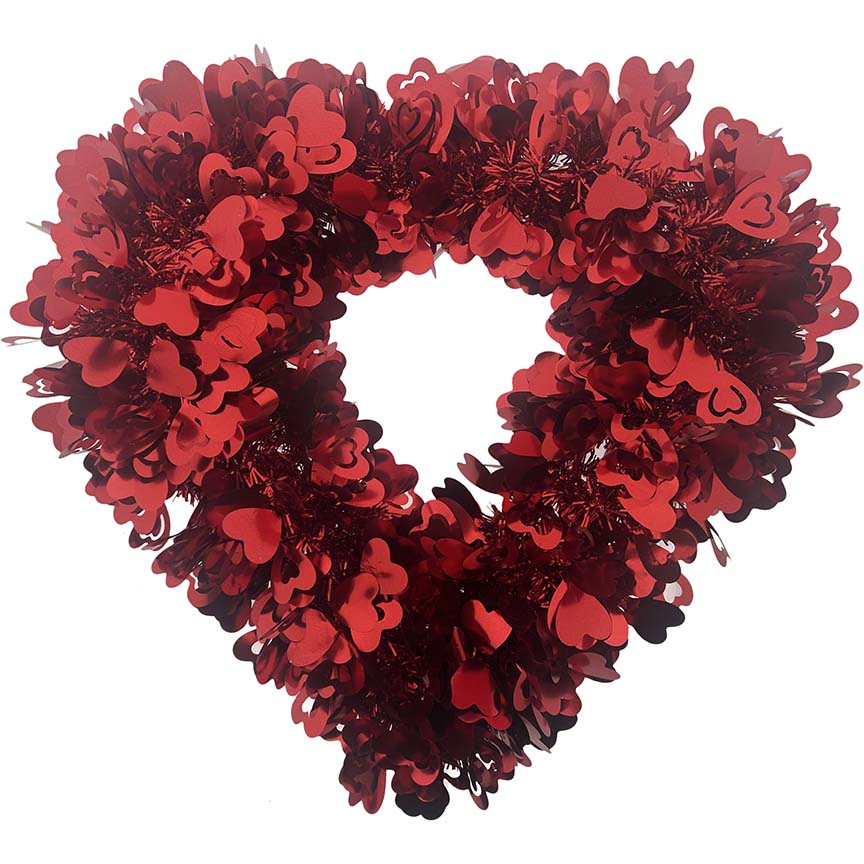 TINSEL HEART WREATH 40CM RED