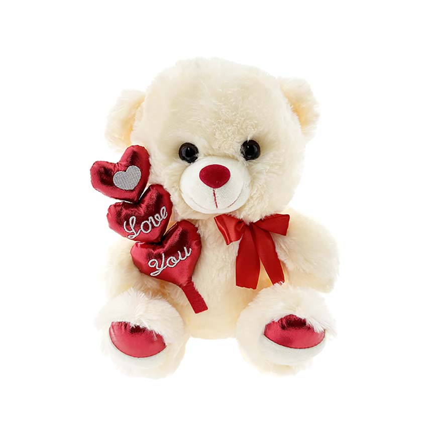 TEDDY BEAR W/ 3 HEARTS & BOW 27CM IVORY