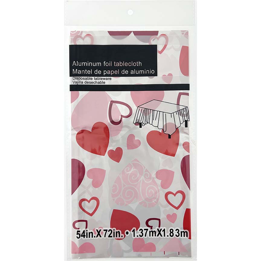 PARTY TABLE COVER W/ HEARTS WHITE 54x72in (137.16x182.88cm)