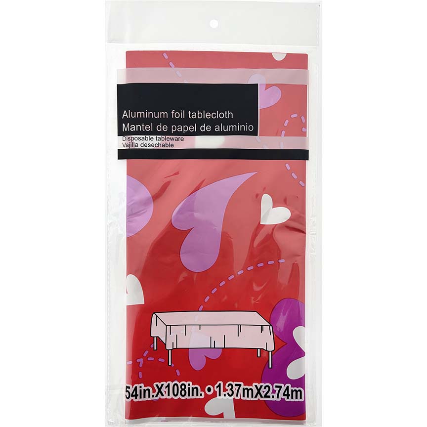 PARTY TABLE COVER W/ HEARTS RED 54x108in (137.16x274.32cm)