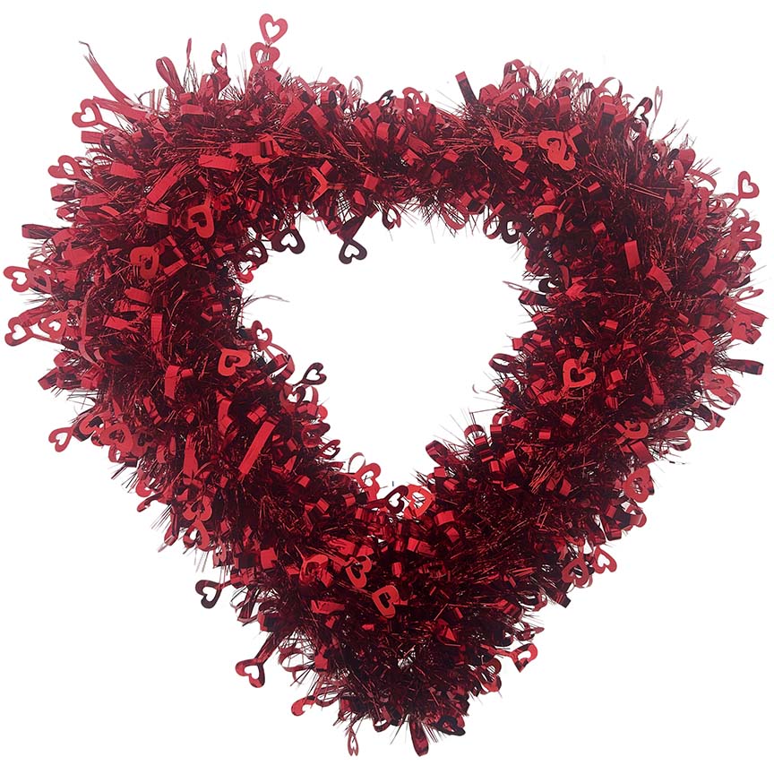 HEART WREATH RED CURLY TINSEL 15.75in (40cm)