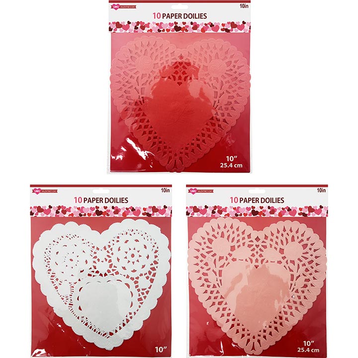PAPER DOILIES HEART 3ASSORTED 10PC 10in (25.4cm)