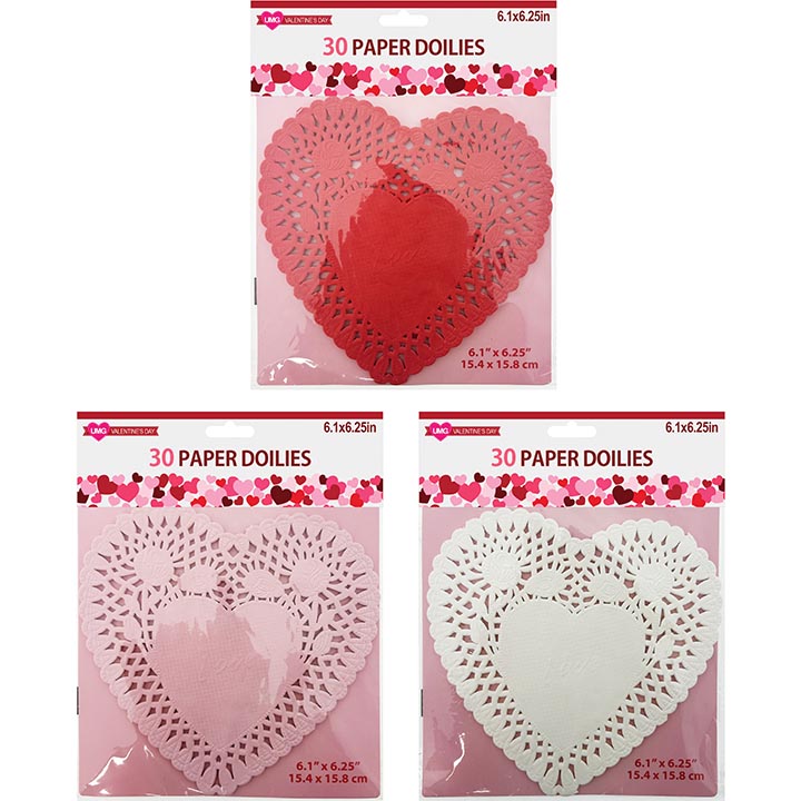 PAPER DOILIES HEART 3ASSORTED 30PC 6.25in (15.88cm)