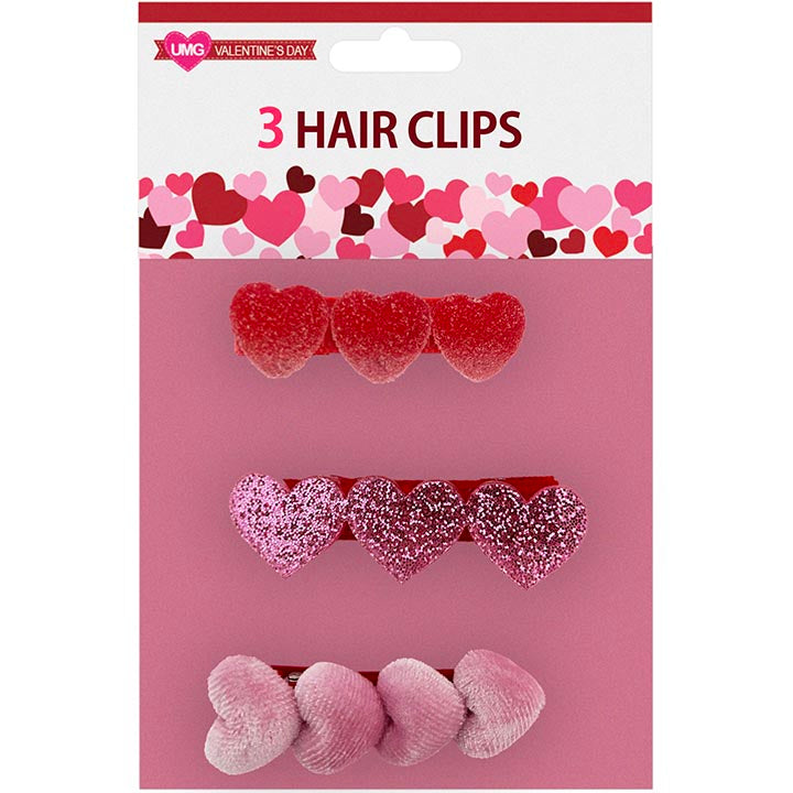 HAIR CLIPS HEARTS 3PK