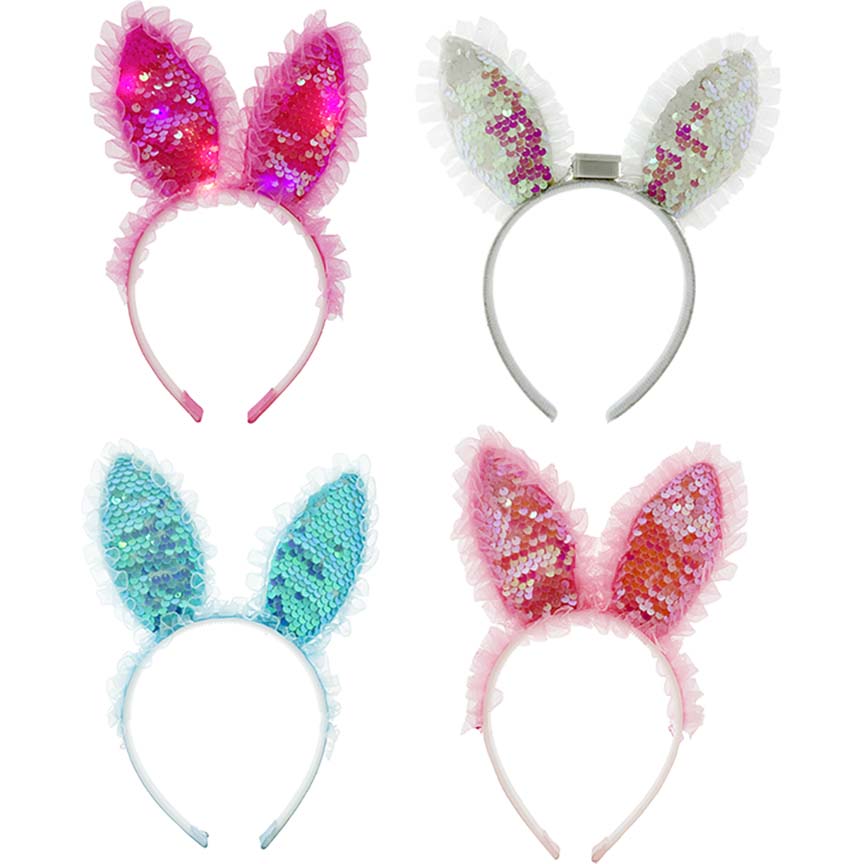 ACCESSORY BUNNY EARS HEADBAND W/ SEQUINS LIGHT-UP 4ASSORTED 8in(20cm)