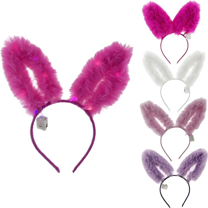 ACCESSORY BUNNY EARS HEADBAND PLUSH LIGHT-UP 4ASSORTED 10in(26cm)