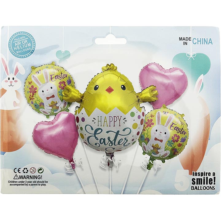 PARTY BALLOONS CHICK W/ "HAPPY EASTER" 5PK 4PC-18in(45cm) & 1PC-17in(44cm)