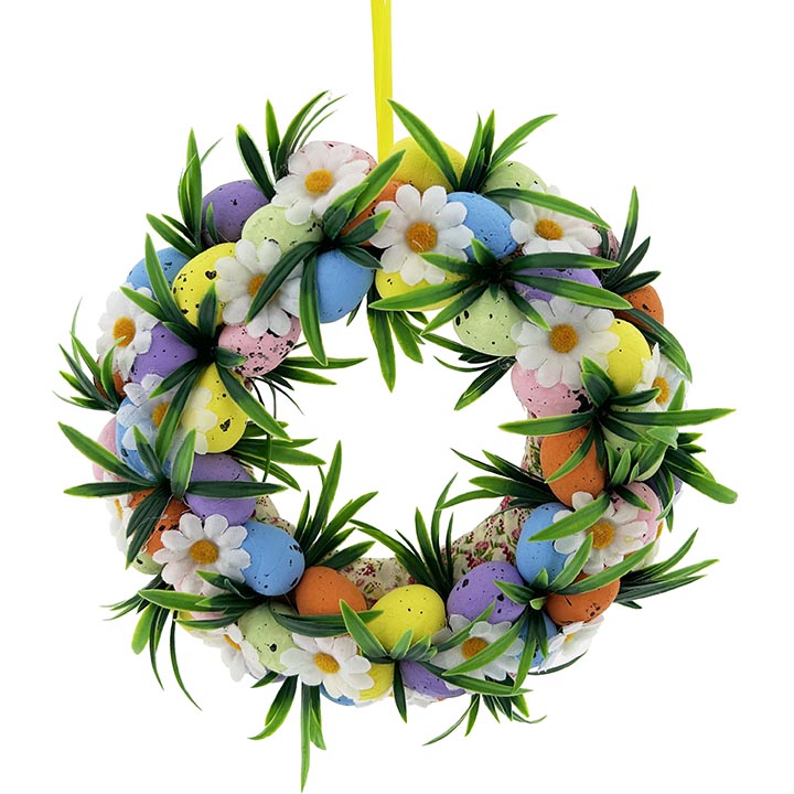 FLORAL WREATH DÉCOR W/ EGGS & DAISIES 9in (23cm)