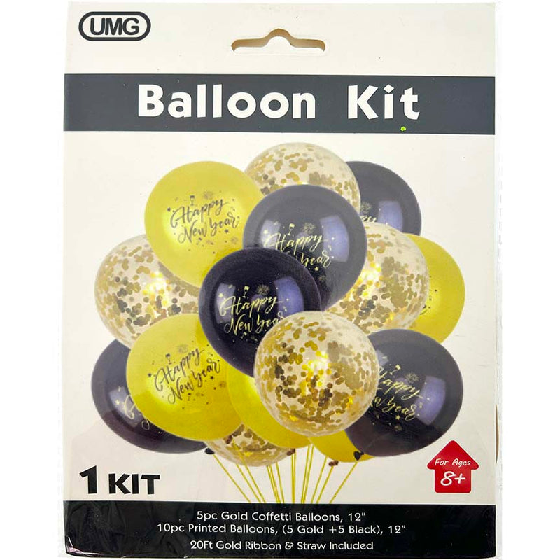 NEW YEAR BALLOON SET 15PC 20FT GOLD RIBBON