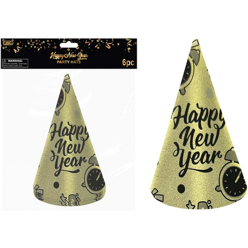 NEW YEAR CONE HAT 6PK GLITTER GOLD