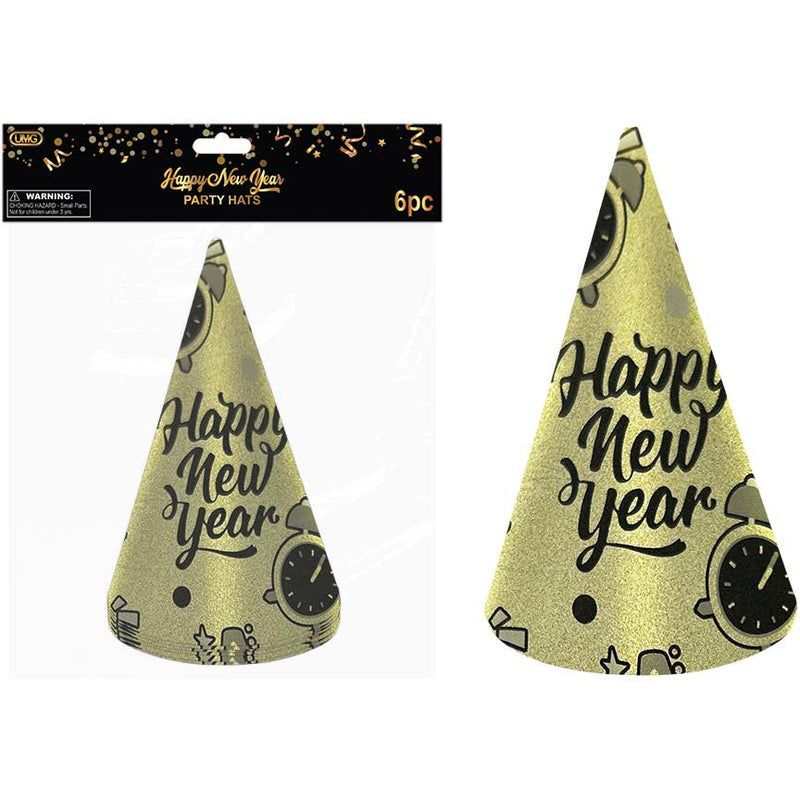 NEW YEAR CONE HAT 6PK GLITTER GOLD