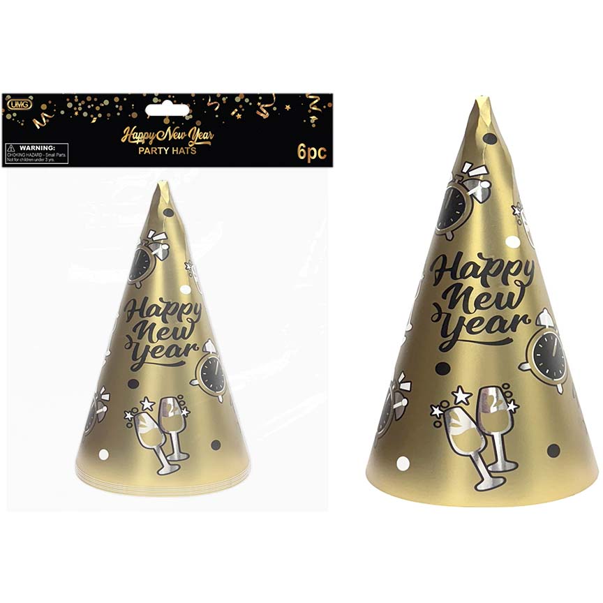 NEW YEAR CONE HAT 6PK GOLD