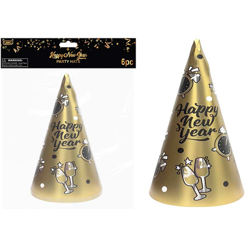 NEW YEAR CONE HAT 6PK GOLD