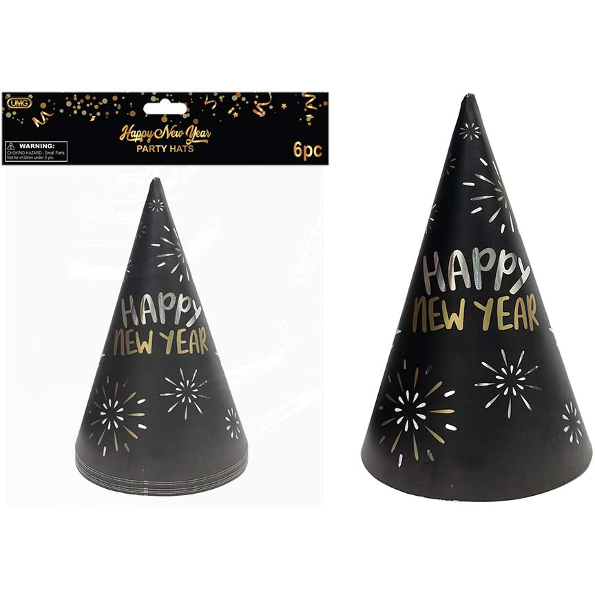 NEW YEAR CONE HAT 6PK BLACK