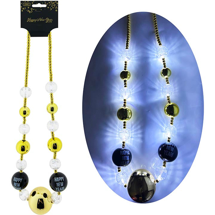 BEADED NECKLACE GLD/BLK LIGHT UP 100CM